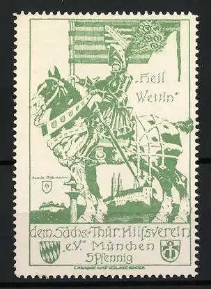 Reklamemarke München, Heil Wettin, Ritter auf Pferd, Sächs.-Thür-.Hilfsverein