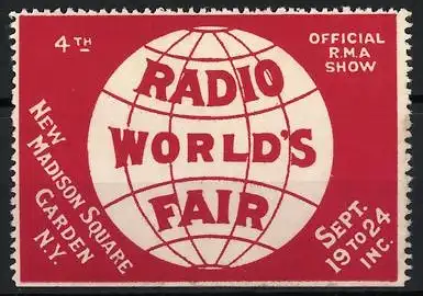 Reklamemarke New York City, Radio World`s Fair, New Madison Square Garden, Globus-Symbol