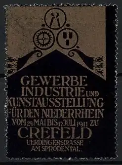 Reklamemarke Crefeld, Gewerbe Industrie und Kunstausstellung 1911, Zahnräder und Symbole