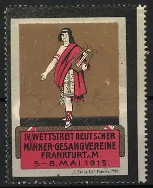 Reklamemarke Frankfurt a.M., IV. Wettstreit Deutscher Männer-Gesangvereine 5.–8. Mai 1913, Musiker mit Lyra