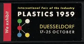 Reklamemarke Düsseldorf - Duesseldorf, Ausstellung PLASTICS 1959, Molekularstruktur-Symbol