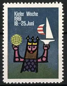 Reklamemarke Kieler Woche 1961, 18.-25. Juni, König mit Segelboot und Globus