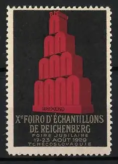 Reklamemarke Reichenberg, X° Foire d`Échantillons, rotes Gebäude, 1929