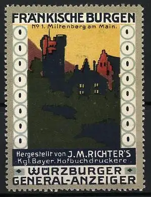 Reklamemarke Miltenberg am Main, Fränkische Burgen, Burgsilhouette, Würzburger Generl-Anzeiger