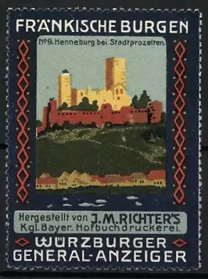 Reklamemarke Henneburg, Fränkische Burgen, Burgansicht, Würzburger General-Anzeiger