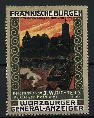 Reklamemarke Würzburg, Scherenburg bei Gemünden, Burgenlandschaft im Sonnenuntergang, Würzburger General-Anzeiger