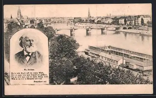 AK Frankfurt / Main, Flusspartie mit Badeanstalt, Stadtpanorama, Portrait Friedrich Stoltze