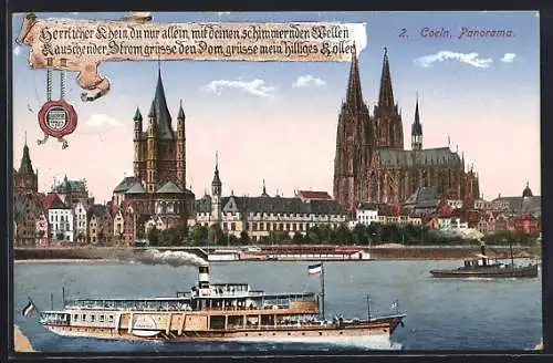 AK Köln am Rhein, Panorama vom Rheinufer aus gesehen mit Ausflugsdampfer und Dom