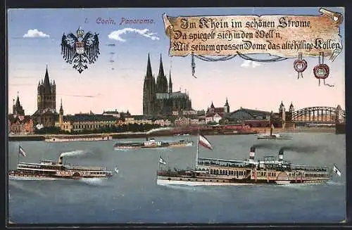 AK Köln, Panorama am Rhein, Dampfer