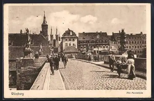 AK Würzburg, Alte Mainbrücke mit Blick auf die Kirche