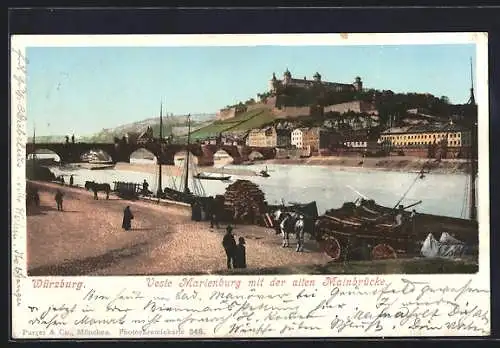 AK Würzburg, Mainufer mit alter Mainbrücke, Blick zur Veste Marienburg