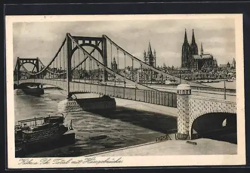 AK Köln am Rhein, Flusspartie mit Hängebrücke