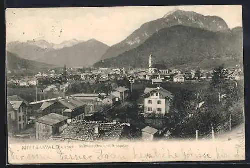 AK Mittenwald a. Isar, Ortspartie mit Reitherspitze und Arnspitze