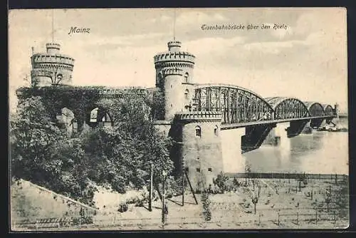 AK Mainz, Eisenbahnbrücke über den Rhein
