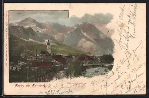 AK Garmisch, Ortsansicht mit Wettersteingebirge