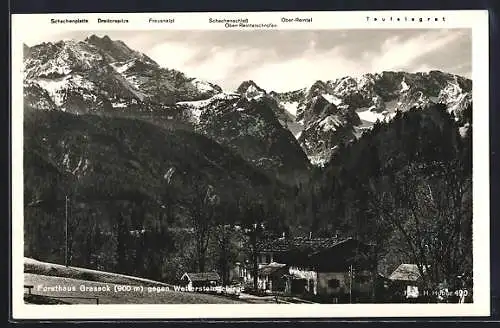 AK Garmisch-Partenkirchen, Forsthaus Graseck mit Wettersteingebirge