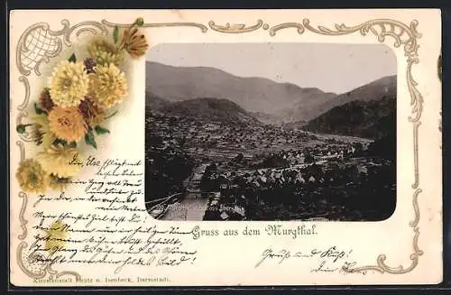 Passepartout-Lithographie Gernsbach /Murgthal, Ausblick von Schloss Eberstein, gelbe Blumen