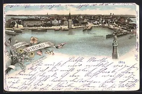 Lithographie Lindau / Bodensee, Generalansicht mit dem Hafen