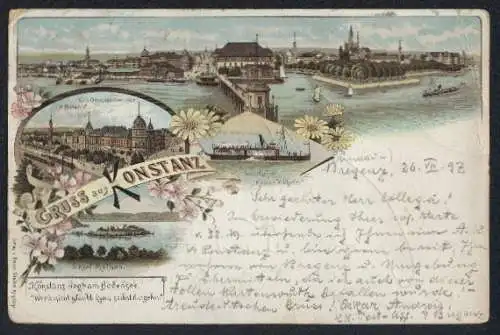 Lithographie Konstanz, Bahnhof & Oberpostdirektion, Dampfer Kaiser Wilhelm, Hafen