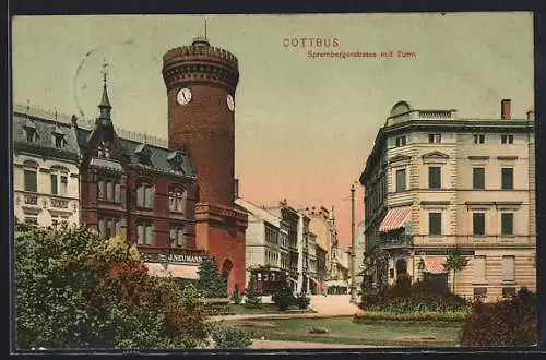 AK Cottbus, Sprembergerstrasse mit Turm