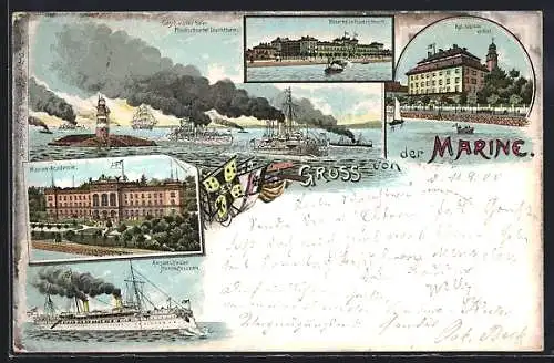 Lithographie Kiel, Marine - Kaserne, Academie, Geschwader beim Friedrichsorter Leuchtthurm