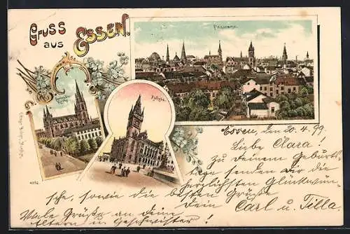 Lithographie Essen /Ruhr, Ortsansicht aus der Vogelschau, Gertrudis-Kirche und Rathaus