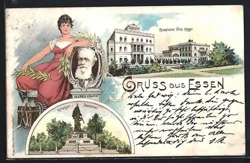 Lithographie Essen, Krupp'sche Villa Hügel, Krieger-Denkmal u. Büste v. Alfred Krupp