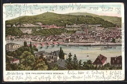 Lithographie Heidelberg, Panorama vom Philosophenweg gesehen