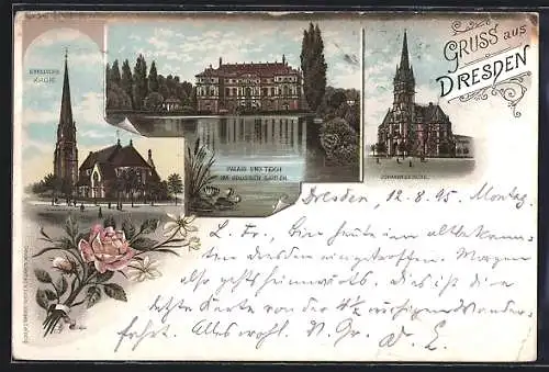 Vorläufer-Lithographie Dresden, 1895, Johanneskirche, Englische Kirche, Palais und Teich im Grossen Garten