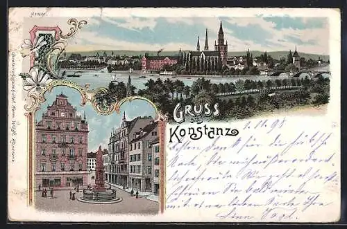 Lithographie Konstanz, Strassenpartie im Ort, Panoramablick auf den Ort