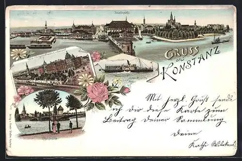 Lithographie Konstanz, Kaiserliche Oberpostdirection und Bahnhof, Dampfschiff Kaiser Wilhelm