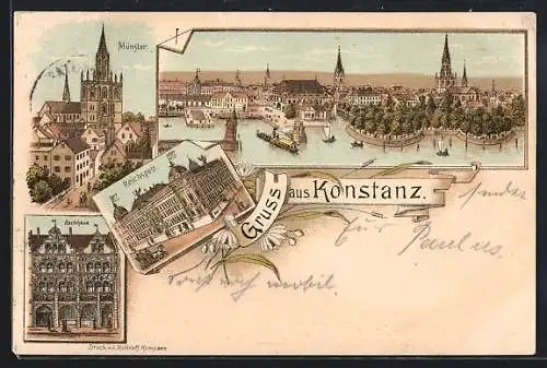 Lithographie Konstanz, Totalansicht, Münster, Reichspost