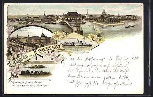 Lithographie Konstanz, Bahnhof & Oberpostdirektion, Dampfer Kaiser Wilhelm, Hafen