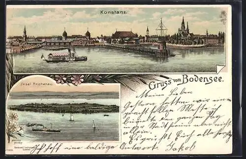 Lithographie Konstanz, Dampfer im Hafen, Insel Reichenau