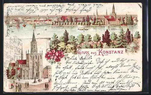 Lithographie Konstanz, Münster, Panoramablick auf die Ortschaft