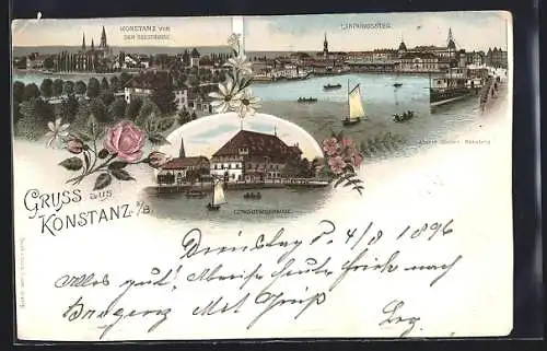 Lithographie Konstanz a. B., Conciliumsgebäude, Landungssteg, Panorama von der Seestrasse aus