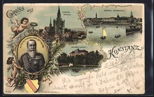 Lithographie Konstanz, Landungssteg, Münster, Grossherzog Friedrich von Baden