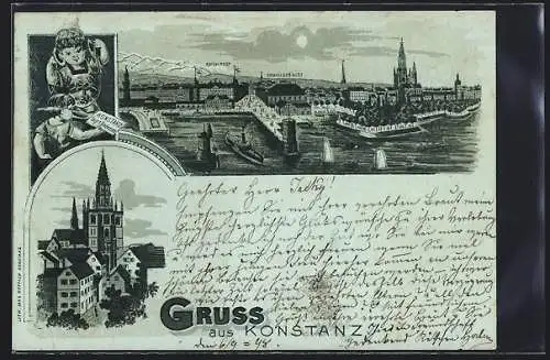 Mondschein-Lithographie Konstanz, Münster, Panorama mit Concilgebäude und Reichspost