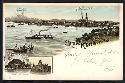 Lithographie Konstanz, Gesamtansicht, Reichspost, Consiliumgebäude