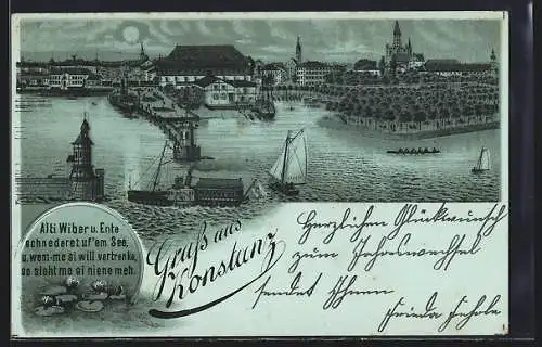 Mondschein-Lithographie Konstanz, Dampfer fährt in den Hafen ein