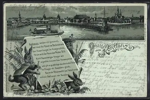 Mondschein-Lithographie Konstanz, Dampfer im Hafen, Seehasen