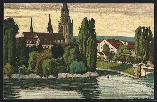 Steindruck-AK Konstanz, Teilansicht mit Kirche