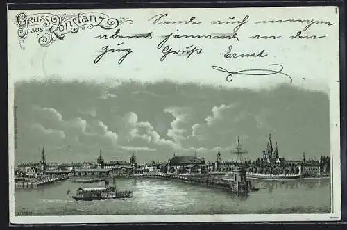 Mondschein-Lithographie Konstanz, Panoramablick auf den Hafen