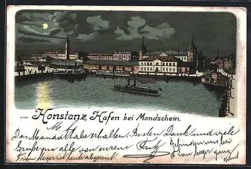 Lithographie Konstanz, Hafen mit Dampfern