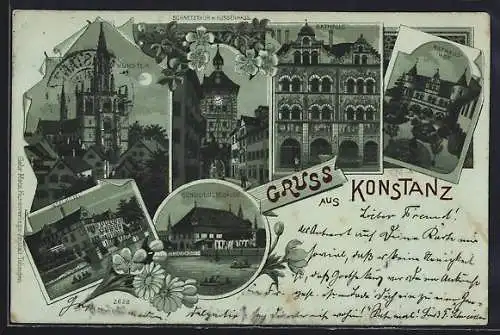 Mondschein-Lithographie Konstanz, Insel-HotelSchnetzthor mit Hussenhaus, Rathaus