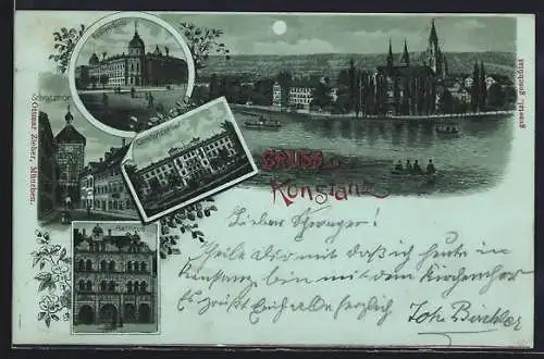 Mondschein-Lithographie Konstanz, Hotel Constanzer Hof, Postgebäude, Schnetzthor