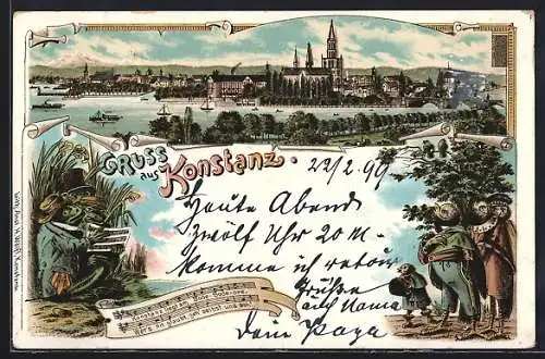 Lithographie Konstanz, Panoramablick auf den Ort, Singende Vögel und Frösche