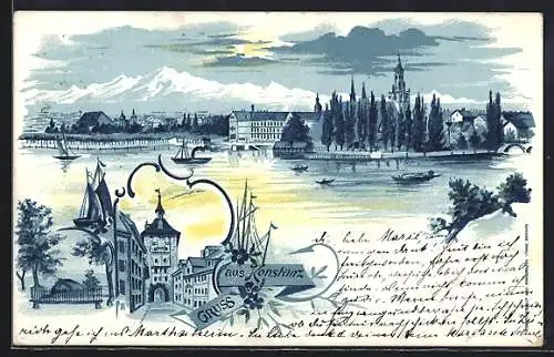 Lithographie Konstanz, Blick zum Ort, Strassenpartie, Dampfer, Segelboot