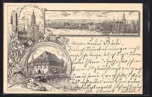 Lithographie Konstanz, Conciliumsgebäude, Münster, Panorama