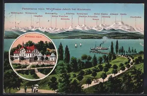 AK Konstanz, Panorama von der Gaststätte Waldhaus Jakob gesehen mit Silvretta, Kamor und Säntis